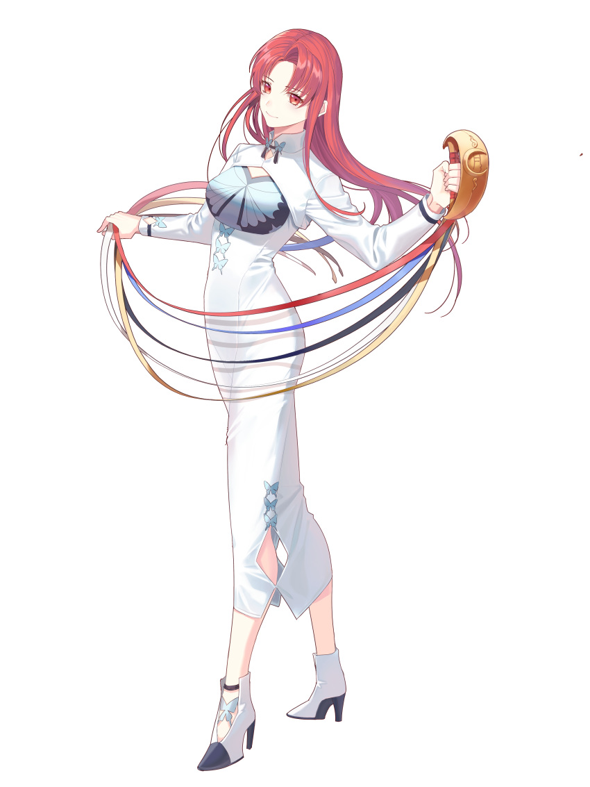 1girl absurdres animal_print bell butterfly_print cardcaptor_sakura full_body high_heels highres ktsis long_hair mizuki_kaho red_eyes red_hair ribbon smile solo transparent_background