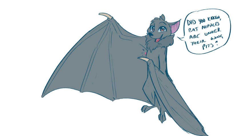 16:9 2019 ambiguous_gender anthro bat_wings brown_eyes chiropteran deke_(ittybittykittytittys) dialogue english_text head_tuft hi_res ittybittykittytittys looking_at_viewer mammal membrane_(anatomy) membranous_wings nipples nude open_mouth open_smile pteropodid simple_background smile speech_bubble standing talking_to_viewer text the_more_you_know white_background wings