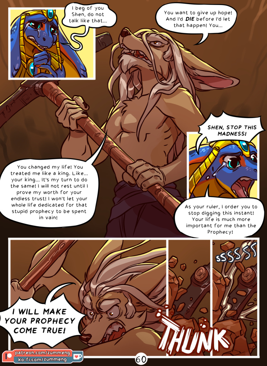 2019 anthro blue_eyes bodily_fluids canid canine clothed clothing comic crying day detailed_background digging digital_media_(artwork) duo emotional english_text female fennec fingers fox fur hair headdress hi_res male mammal open_mouth outside pickaxe reptile scalie shen_(zummeng) snake tears text tools topless white_hair zaphira_(zummeng) zummeng