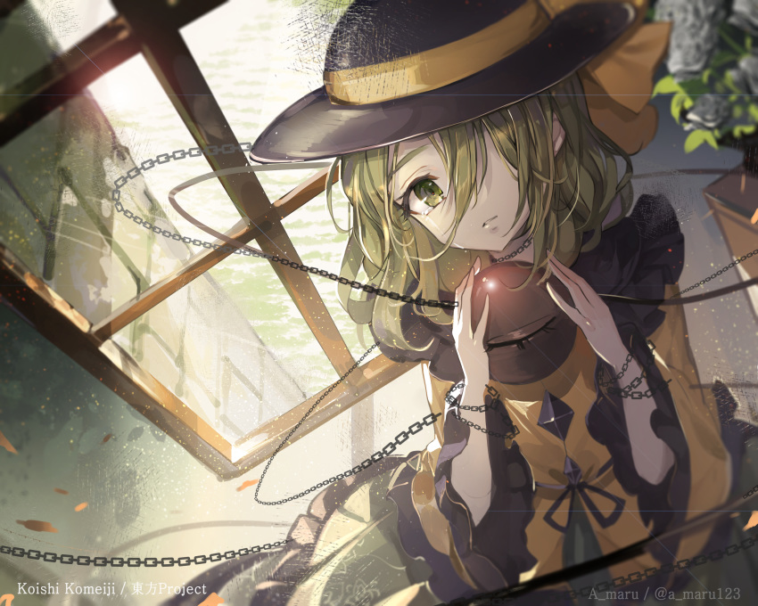 1girl absurdres artist_name black_hat bow chains character_name dutch_angle flower green_eyes green_hair green_skirt hair_over_one_eye hat hat_bow highres holding indoors komeiji_koishi korean_commentary long_hair looking_at_viewer plant potted_plant shirt skirt solo tears third_eye touhou twitter_username unity_(ekvmsp02) white_flower wide_sleeves window yellow_bow yellow_shirt
