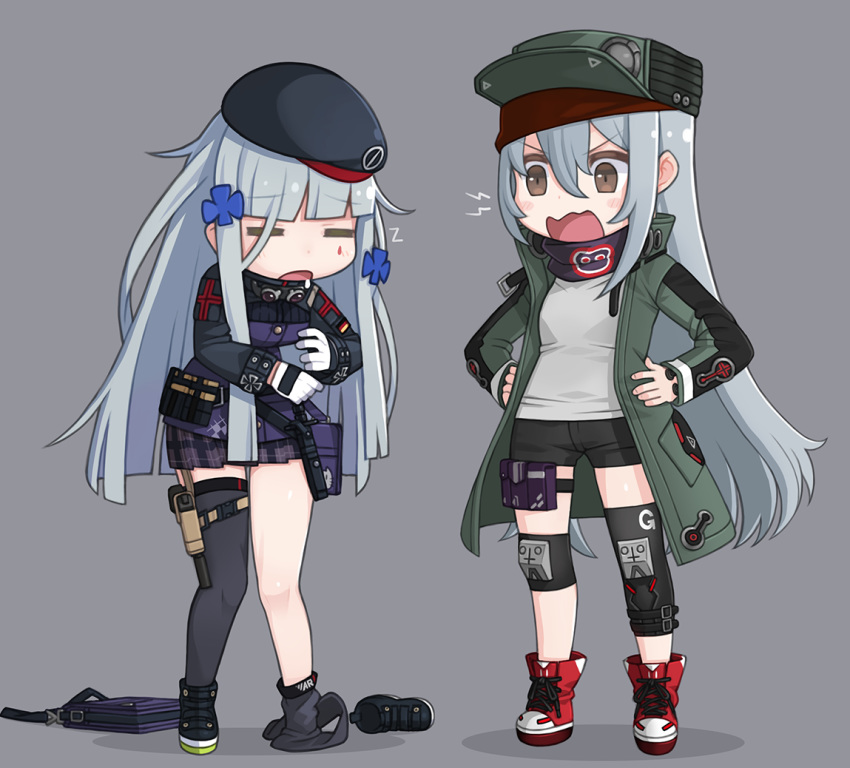 =_= bangs beret blue_hair blunt_bangs breasts closed_eyes clothes_writing collar facial_mark full_body g11_(girls_frontline) girls_frontline gloves grey_background hands_on_hips hat hk416_(girls_frontline) jacket knee_pads long_hair long_sleeves open_mouth personality_switch pleated_skirt popped_collar ran_system red_scarf saliva scarf scarf_on_head shadow shoes shorts silver_hair simple_background skirt sleepy standing teardrop thighhighs white_gloves