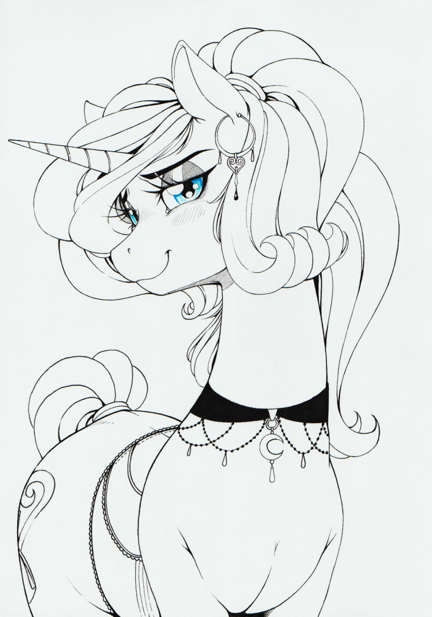 blush choker clothing corset cutie_mark ear_piercing ear_ring equid eyeliner eyeshadow fan_character female feral hi_res horn jewelry lidded_eyes line_art lingerie longinius looking_at_viewer makeup mammal monochrome my_little_pony necklace partial_color piercing ponytail quadruped silk_lace_(oc) smile solo tail_wraps unicorn wraps