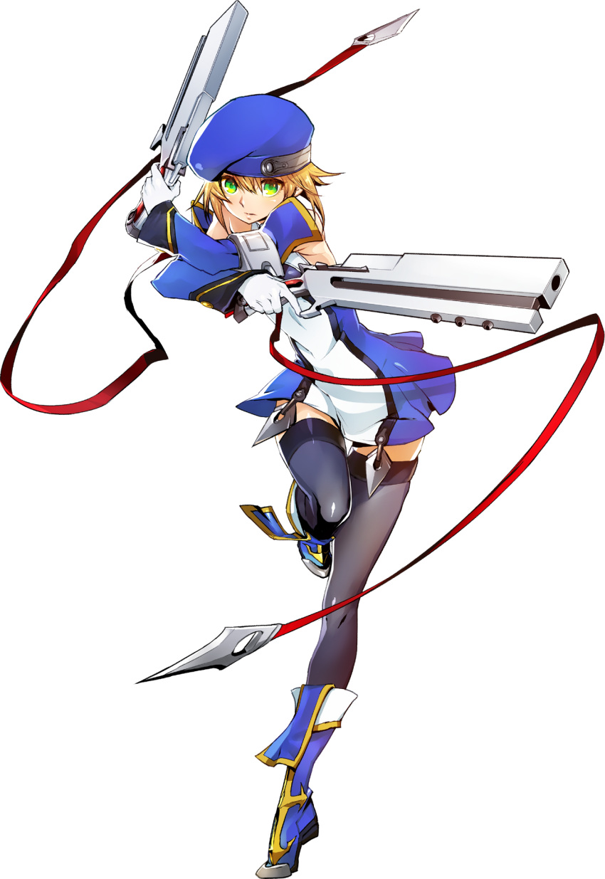 1girl blazblue blazblue:_central_fiction blonde_hair boots breasts dual_wielding gloves green_eyes gun handgun hat highres holding katou_yuuki looking_at_viewer noel_vermillion official_art open_mouth skirt small_breasts solo tagme thighhighs weapon zettai_ryouiki