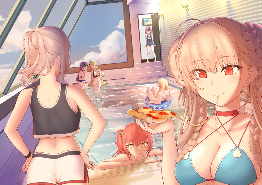 6+girls absurdres afloat ahoge alternate_costume anchor arm_rest arms_at_sides azur_lane bangs bare_shoulders bikini bird black_bikini black_bikini_top black_choker black_tank_top blonde_hair blue_bikini_top blue_innertube blue_sky blue_swimsuit braid braided_bun breasts carabiniere_(azur_lane) carolrin cheese cheese_trail cherry chick choker cleavage closed_mouth cloud cocktail_glass collarbone conte_di_cavour_(azur_lane) cup day double_bun drinking_glass eating eyebrows_visible_through_hair eyewear_on_head faceless faceless_female facing_away food foreshortening formidable_(azur_lane) formidable_(the_lady_of_the_beach)_(azur_lane) fruit giulio_cesare_(azur_lane) giulio_cesare_(fitness_master)_(azur_lane) green_hair hair_between_eyes hand_to_own_mouth highres holding holding_cup holding_pizza indoors knees_up large_breasts legs_together licking_lips light littorio_(azur_lane) littorio_(the_glory_of_naples)_(azur_lane) long_hair looking_at_another looking_at_viewer manjuu_(azur_lane) multiple_girls nape navel new_school_swimsuit one-piece_swimsuit parted_bangs pepperoni picture_(object) pizza ponytail pool poolside purple_hair red_choker red_eyes reflection reflective_water school_swimsuit short_shorts shorts shoulder_blades side_ponytail sidelocks silver_hair sitting skindentation sky soaking_feet standing striped_wall sunglasses swept_bangs swimsuit thighs tongue tongue_out trento_(azur_lane) trento_(summer's_hotness?)_(azur_lane) twin_braids twintails underboob upper_body very_long_hair watch white_shorts window wristwatch zara_(azur_lane) zara_(poolside_coincidence)_(azur_lane)