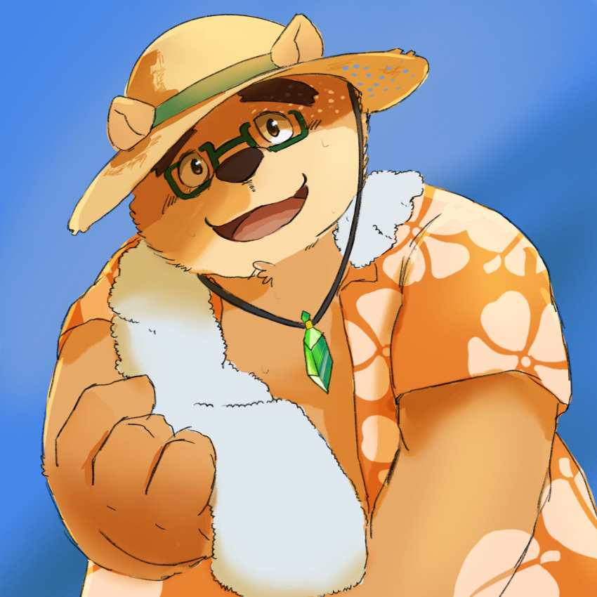 1:1 2019 anthro brown_fur clothed clothing eyewear fur glasses hat headgear headwear hi_res humanoid_hands male mammal nanon_1st open_shirt shirt simple_background slightly_chubby solo straw_hat tokyo_afterschool_summoners topwear ursid video_games volos