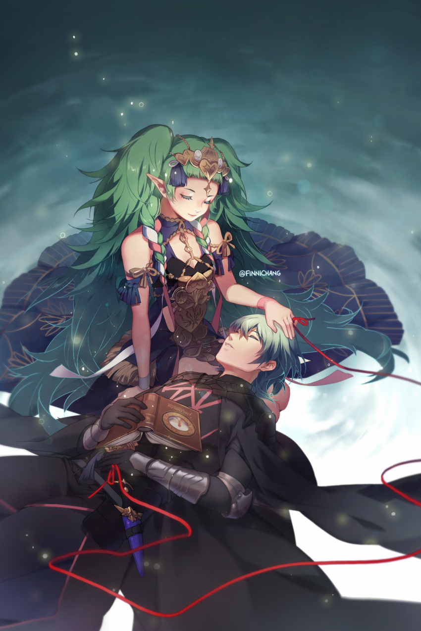 1boy 1girl arm_guards artist_name black_gloves book byleth_(fire_emblem) byleth_(fire_emblem)_(male) cloak closed_eyes dagger dress finni_chang fire_emblem fire_emblem:_three_houses gloves green_hair highres kneeling lap_pillow long_hair lying medium_hair on_back parted_lips pointy_ears red_string sleeping smile sothis_(fire_emblem) string tiara twintails twitter_username very_long_hair weapon wristband
