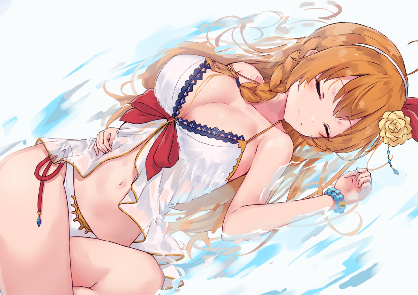 1girl ahoge bangs bikini blush bracelet braid breasts brown_hair cleavage closed_eyes closed_mouth commentary_request eyebrows_visible_through_hair hair_ribbon hairband hand_up highres jewelry large_breasts long_hair lying minikon navel on_side pecorine princess_connect! princess_connect!_re:dive red_ribbon ribbon side-tie_bikini smile solo star swimsuit very_long_hair water wet wet_clothes white_bikini white_hairband
