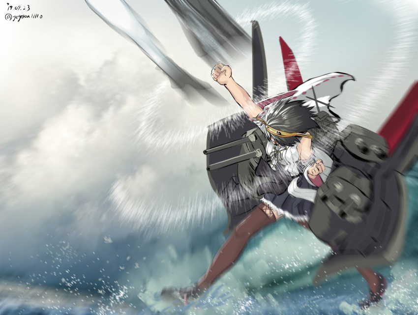 1girl bare_shoulders black_hair black_skirt boots brown_footwear clenched_hands dated detached_sleeves gegeron headgear highres kantai_collection kirishima_(kantai_collection) nontraditional_miko pleated_skirt punching short_hair skirt solo thigh_boots thighhighs twitter_username