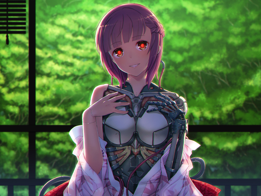 1girl android android_girl_(itou) brown_eyes brown_hair cable chromatic_aberration commentary_request eyebrows_visible_through_hair glowing glowing_eyes hands_on_own_chest head_tilt itou_(onsoku_tassha) looking_at_viewer original partially_undressed parts_exposed red_pupils smile tree tube