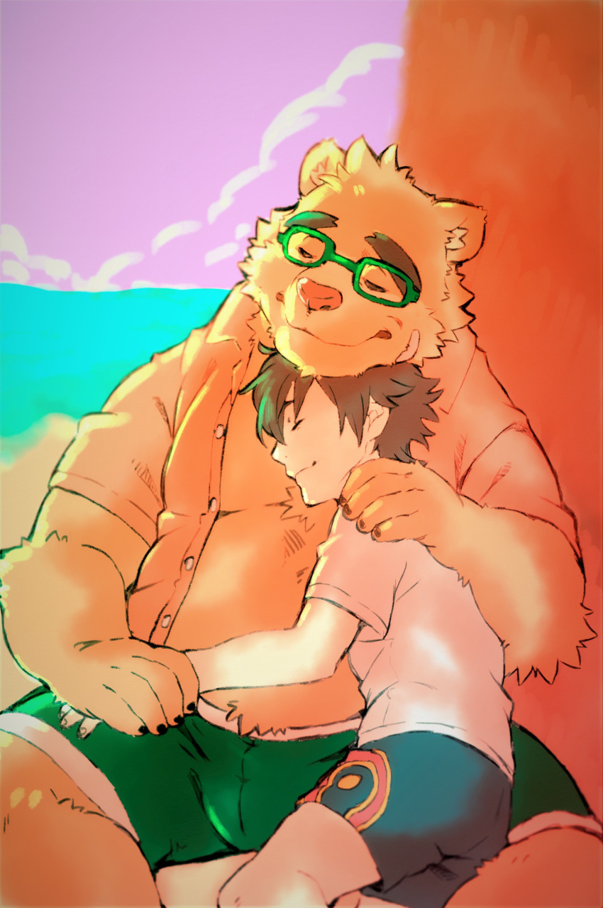 2019 absurd_res anthro band-aid bandage beach biped bottomwear brown_hair bulge chest_tuft clothed clothing detailed_background duo eyes_closed eyewear fur glasses hair heylaw21 hi_res human male male/male mammal open_shirt protagonist_(tas) sand sea seaside sunset tokyo_afterschool_summoners topwear tuft twink_protagonist_(tas) ursid video_games volos water