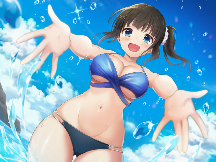 1girl azuki_yui bikini black_hair blue_bikini blue_bikini_top blue_eyes blush breasts cameltoe cleavage cloud cloudy_sky collarbone eyebrows_visible_through_hair glint grey_bikini grey_bikini_bottom hair_ornament hairclip large_breasts looking_at_viewer medium_hair mismatched_bikini multi-strapped_bikini navel ocean open_mouth original scrunchie side_ponytail skindentation sky smile solo stomach string_bikini swimsuit thighs water water_drop wet x_hair_ornament