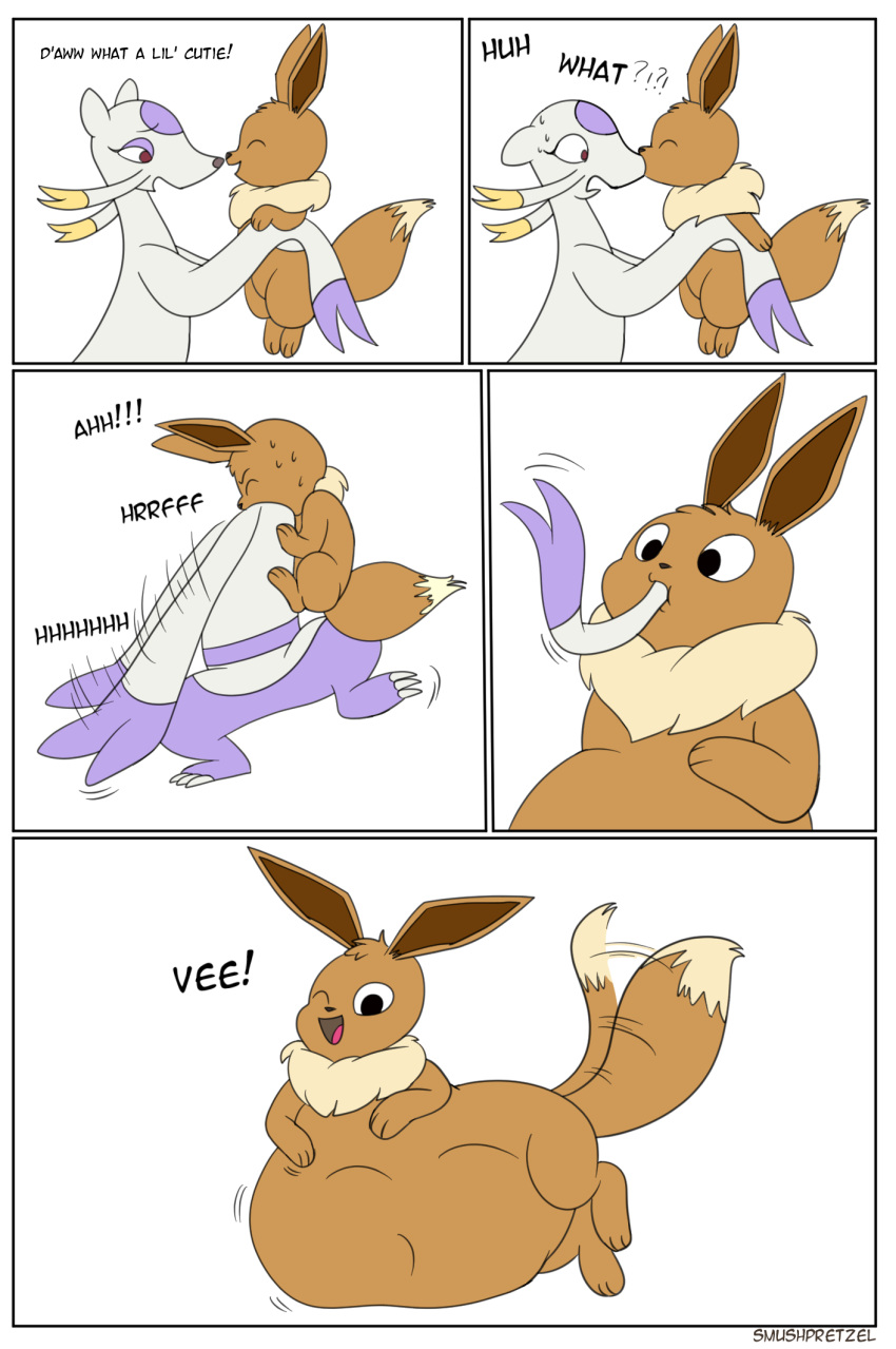 abdominal_bulge bodily_fluids bulging_(disambiguation) comic eevee english_text hi_res living_insertion mammal mienshao nintendo pok&eacute;mon pok&eacute;mon_(species) simple_background smushpretzel swallowing sweat text video_games vore white_background