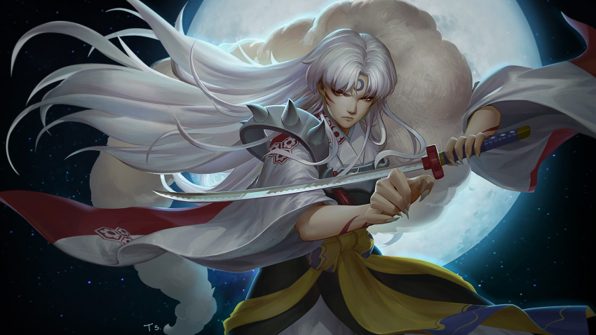 1boy armor cowboy_shot crescent facial_mark fingernails forehead_mark full_moon fur highres inuyasha japanese_clothes lips long_hair looking_at_viewer male_focus moon night pointy_ears quanshen_tang sesshoumaru silver_hair sky solo star_(sky) starry_sky very_long_hair yellow_eyes