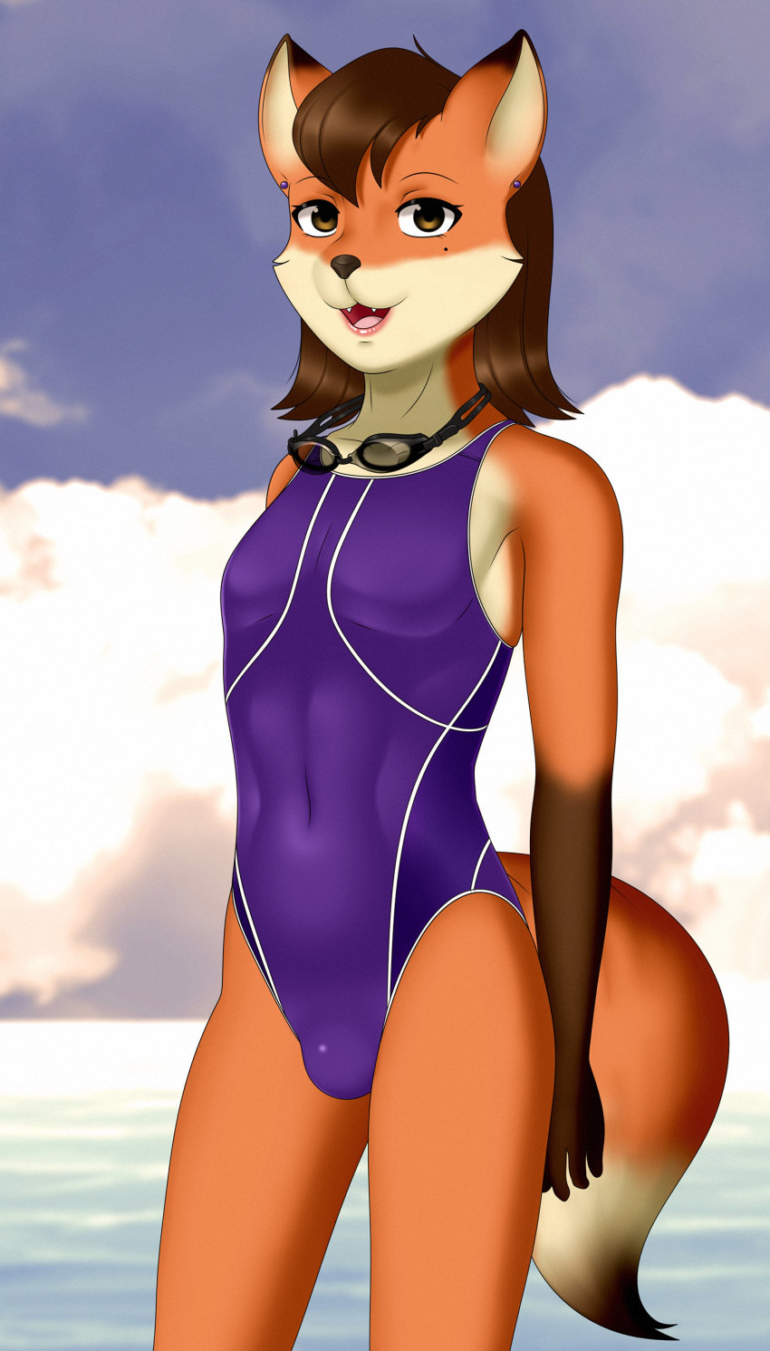 2019 absurd_res anthro beauty_mole brown_eyes brown_fur brown_hair buffbumblebee bulge canid canine clothed clothing cloud crossdressing day detailed_background digital_media_(artwork) eyelashes eyewear fingers fox fur girly goggles hair hi_res lipstick looking_at_viewer makeup male mammal multicolored_fur navel one-piece_swimsuit open_mouth orange_fur outside sea short_hair sky smile solo sport_swimsuit standing swimming_goggles swimwear teeth tongue water