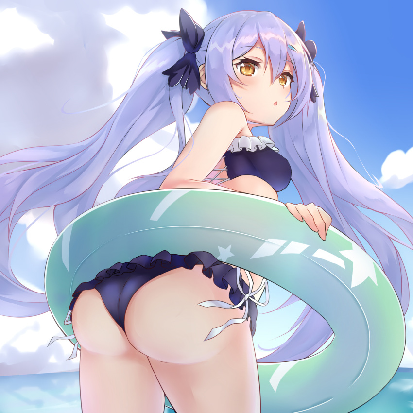 1girl absurdres arched_back ass azur_lane bare_shoulders bikini black_bikini black_bow blue_sky bow breasts brown_eyes cloud cloudy_sky cowboy_shot day dewey_(azur_lane) frilled_bikini frills hair_bow highres innertube lavender_hair long_hair looking_at_viewer looking_back ocean outdoors parted_lips ponta_(velmar) sidelocks sky small_breasts solo standing swimsuit twintails very_long_hair