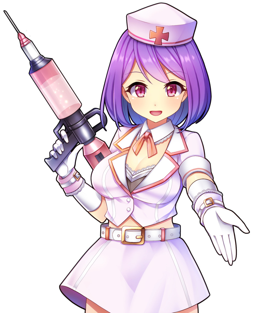1girl :d belt bra breasts cleavage edamame_senpai frilled_bra frills gloves gun hat highres holding holding_gun holding_weapon nurse_cap official_art open_mouth orange_ribbon outstretched_hand pink_eyes pink_skirt purple_hair ribbon short_hair skirt smile solo standing syringe underwear vivid_army weapon white_background white_gloves