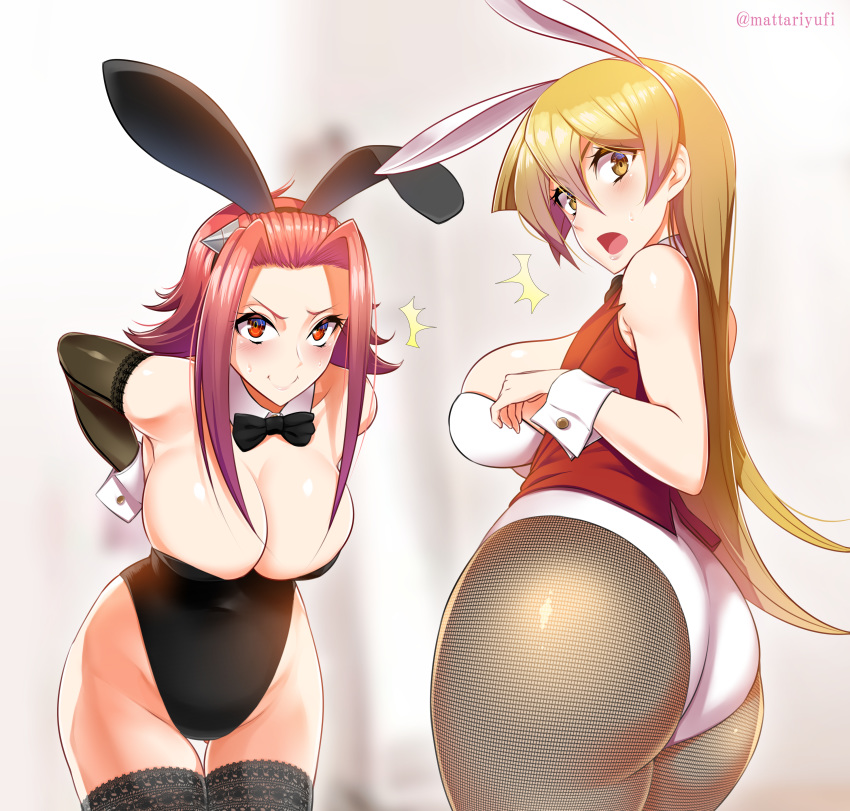 2girls absurdres animal_ears ass bangs bare_shoulders black_legwear black_leotard blonde_hair bow bowtie breasts bunny_ears bunny_girl bunny_tail bunnysuit cleavage closed_mouth detached_collar detached_sleeves fake_animal_ears fishnet_pantyhose fishnets forehead hair_between_eyes highleg highleg_leotard highres izayoi_aki lace lace-trimmed_legwear large_breasts leaning_forward leotard long_hair looking_back mattari_yufi multiple_girls open_mouth pantyhose parted_bangs red_eyes red_hair red_vest short_hair_with_long_locks smile strapless strapless_leotard tail tenjouin_asuka thighhighs thighs vest white_leotard wrist_cuffs yellow_eyes yuu-gi-ou yuu-gi-ou_5d's yuu-gi-ou_gx