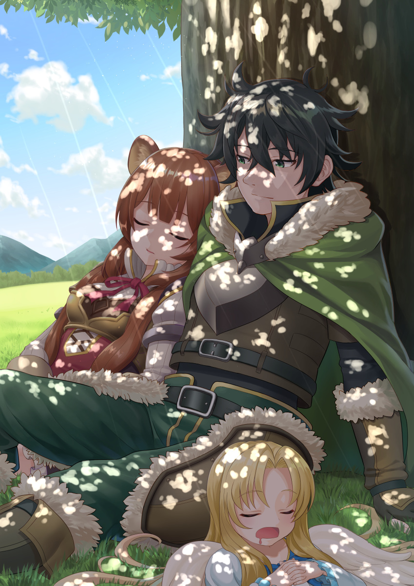 1boy 2girls absurdres animal_ears arm_support armor bangs belt black_belt black_hair blonde_hair blue_dress blue_sky breastplate breasts brown_gloves brown_hair brown_shirt cape closed_eyes cloud commentary_request day dress feathered_wings feet_out_of_frame firo_(tate_no_yuusha_no_nariagari) fur-trimmed_boots fur-trimmed_cape fur-trimmed_gloves fur_trim gloves grass green_cape green_eyes green_pants highres interlocked_fingers iwatani_naofumi juliet_sleeves kazuyan light_smile long_hair long_sleeves medium_breasts mountain multiple_girls neck_ribbon outdoors own_hands_together pants puffy_sleeves raccoon_ears raphtalia red_neckwear red_ribbon ribbon shirt sitting sky sleeping tate_no_yuusha_no_nariagari tree upper_body white_wings wings
