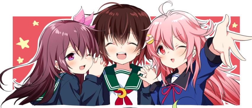 3girls ^_^ ^o^ ahoge black_cardigan blush brown_hair cardigan closed_eyes crescent crescent_hair_ornament crescent_moon_pin hair_between_eyes hair_ornament kantai_collection kisaragi_(kantai_collection) long_hair long_sleeves motohara_moka multiple_girls mutsuki_(kantai_collection) neckerchief one_eye_closed open_mouth pink_hair purple_eyes purple_hair red_eyes red_neckwear school_uniform serafuku short_hair smile uzuki_(kantai_collection) very_long_hair