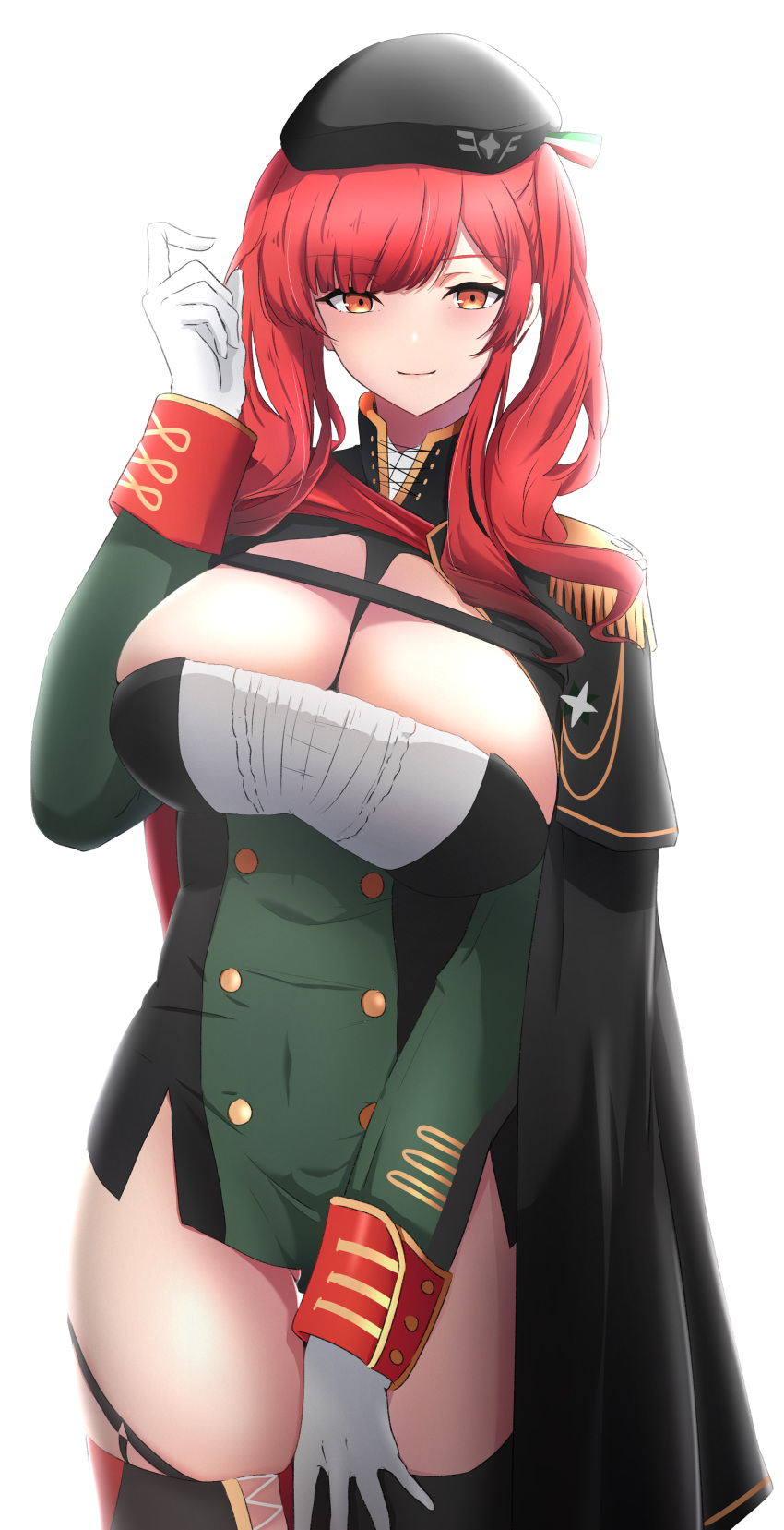 1girl absurdres ameneshi ass_visible_through_thighs azur_lane bangs beret black_cloak black_headwear blush breasts brown_eyes cleavage cloak double-breasted dress epaulettes eyebrows_visible_through_hair gloves hand_up hat highres large_breasts long_hair looking_at_viewer red_hair short_dress simple_background skindentation sleeve_cuffs smile solo standing thighhighs twintails white_background white_gloves zara_(azur_lane)