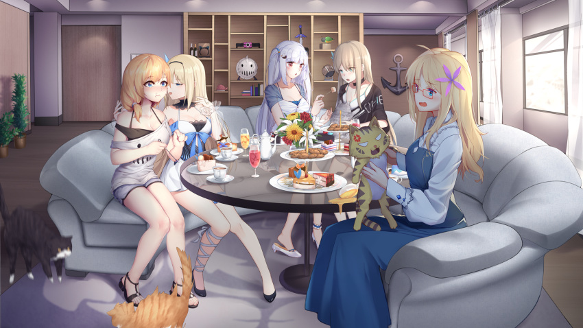 5girls ahoge ain_(3990473) anchor bird_hair_ornament black_footwear black_hairband black_shirt blonde_hair blue_dress blue_eyes blush cake cat cookie couch cup door dress drinking_glass essex_(warship_girls_r) food glass_table grey_shorts hair_ornament hair_over_shoulder hairband highres hood_(warship_girls_r) indoors layered_shirt lexington_(cv-16)_(warship_girls_r) lexington_(warship_girls_r) long_hair long_sleeves medium_hair multiple_girls nose_blush off-shoulder_shirt off_shoulder plate platinum_blonde_hair red-framed_eyewear red_eyes rodney_(warship_girls_r) sandals shirt short_dress short_shorts short_sleeves shorts sitting sleeveless sleeveless_dress sleeveless_shirt slice_of_cake table twintails warship_girls_r white_dress white_footwear white_hair white_shirt window