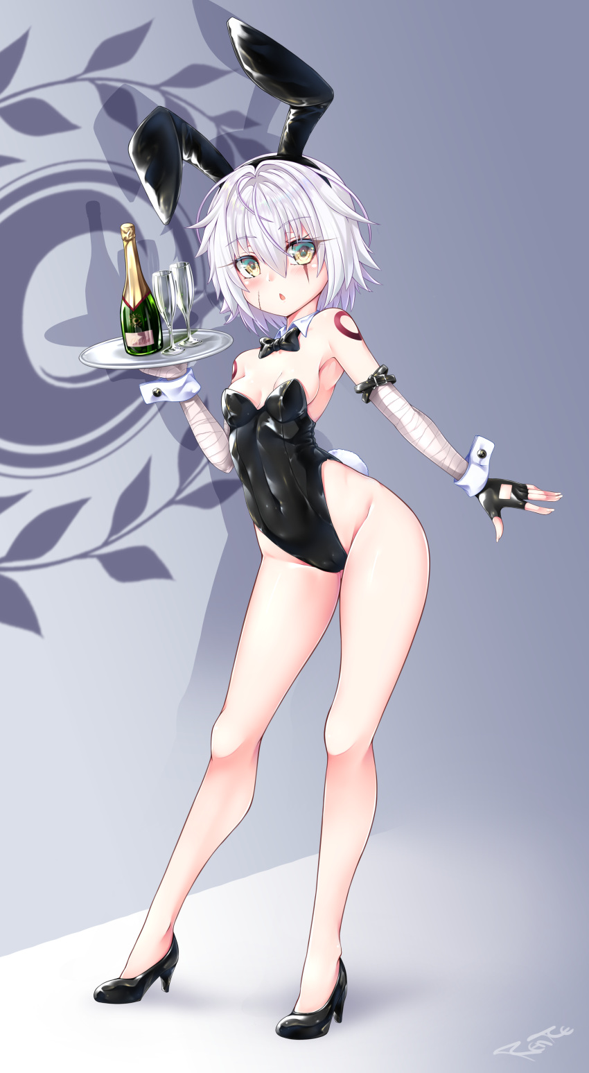 1girl absurdres animal_ears arm_belt bandaged_arm bandages bangs bare_shoulders black_gloves black_leotard bottle bow bowtie breasts bunny_ears bunny_tail bunnysuit covered_navel cup drinking_glass facial_scar fate/apocrypha fate_(series) fingerless_gloves full_body gloves green_eyes high_heels highleg highleg_leotard highres jack_the_ripper_(fate/apocrypha) legs leotard looking_at_viewer miyabi_urumi open_mouth scar scar_across_eye scar_on_cheek short_hair shoulder_tattoo single_glove small_breasts tail tattoo tray white_hair wine_bottle wine_glass wrist_cuffs