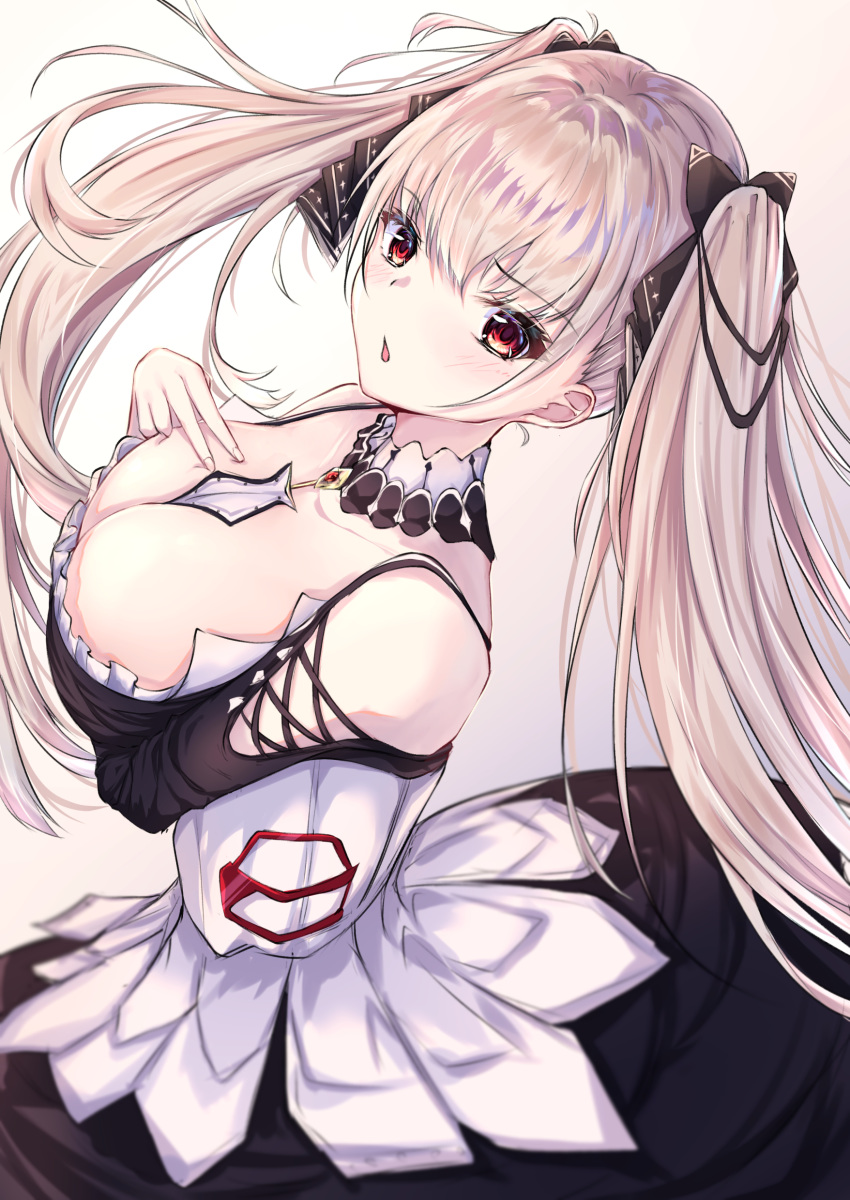 1girl absurdres arm_under_breasts azur_lane bangs bare_shoulders between_breasts black_dress blonde_hair blush breasts cleavage dress earrings eyebrows_visible_through_hair floating_hair formidable_(azur_lane) frilled_dress frills hair_ribbon hand_on_own_chest highres jewelry large_breasts long_hair long_sleeves looking_at_viewer megumi_kei open_mouth red_eyes ribbon solo twintails two-tone_dress two-tone_ribbon very_long_hair