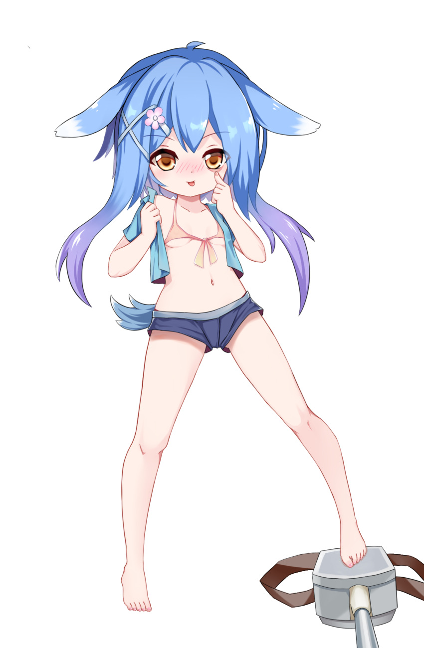 1girl :p animal_ears azur_lane barefoot bikini_top blue_hair blue_shirt blue_shorts blush breasts brown_eyes bunny_ears covered_nipples crop_top full_body hair_ornament hairclip highres legs legs_apart long_hair minazuki_(azur_lane) navel open_clothes open_shirt pink_bikini_top shirt short_shorts short_sleeves shorts simple_background small_breasts smile solo tail the_hermit toes tongue tongue_out white_background