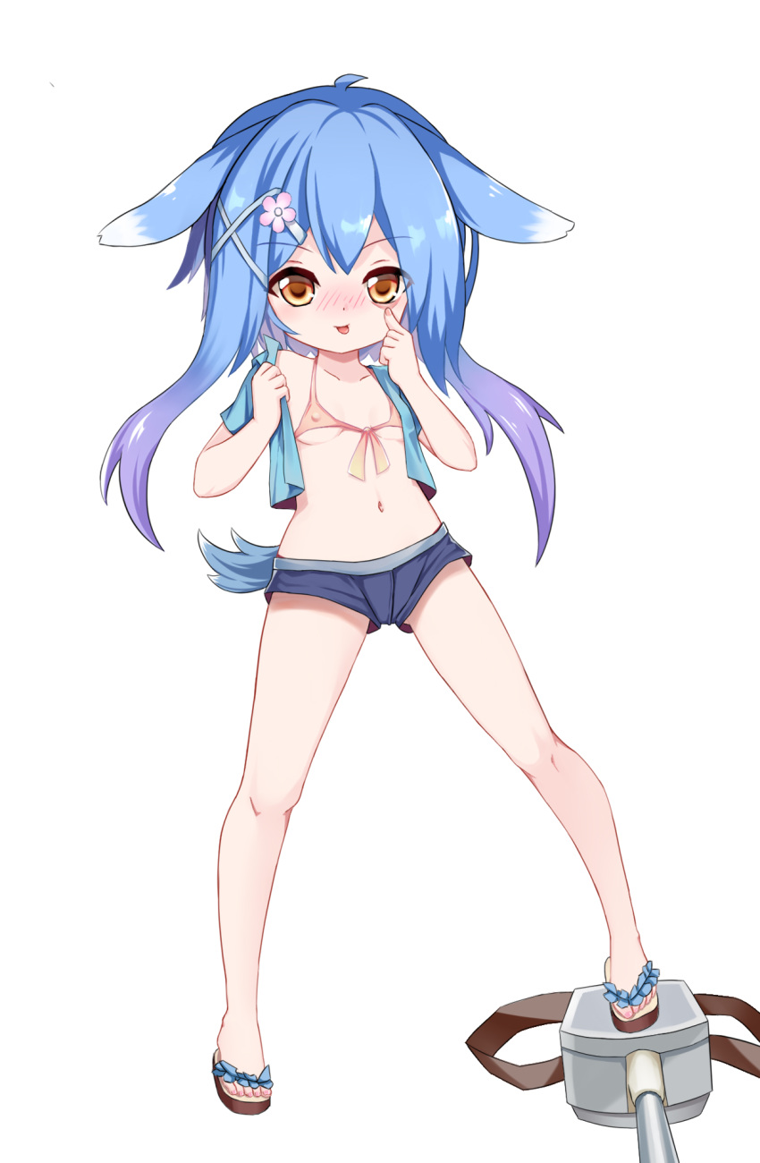 1girl :p animal_ears azur_lane bikini_top blue_hair blue_shirt blue_shorts blush breasts brown_eyes bunny_ears covered_nipples crop_top full_body hair_ornament hairclip highres legs legs_apart long_hair minazuki_(azur_lane) navel open_clothes open_shirt pink_bikini_top sandals shirt short_shorts short_sleeves shorts simple_background small_breasts smile solo tail the_hermit toes tongue tongue_out white_background