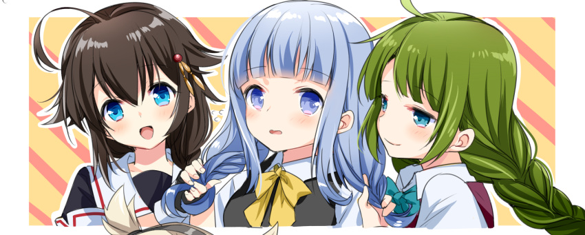 3girls :d ahoge aqua_bow aqua_neckwear black_serafuku black_vest blue_eyes blue_hair blush bow bowtie braid brown_hair eyebrows_visible_through_hair green_hair hair_between_eyes hair_flaps hatsukaze_(kantai_collection) kantai_collection long_hair long_sleeves motohara_moka multiple_girls open_mouth remodel_(kantai_collection) school_uniform serafuku shigure_(kantai_collection) shirt short_sleeves single_braid smile vest white_shirt yuugumo_(kantai_collection)