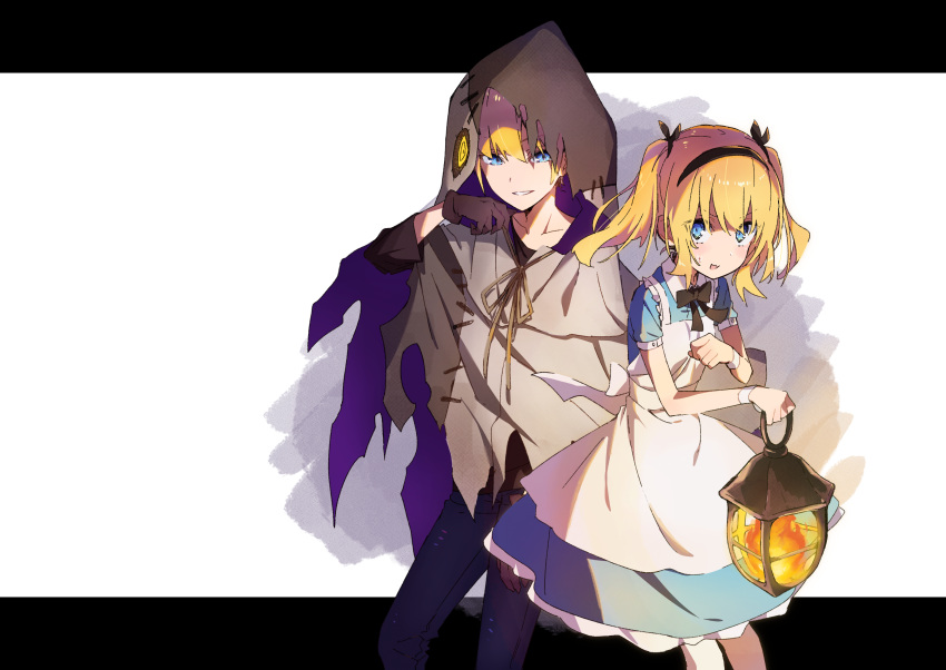 1boy 1girl absurdres amaryllis_gumi apron bangs black_hairband black_pants black_ribbon blonde_hair blue_dress blue_eyes blush brown_cloak brown_shirt character_request cloak collarbone dress eyebrows_visible_through_hair frilled_apron frills hair_between_eyes hair_ribbon hairband highres holding holding_lantern hood hood_down hooded_cloak kotohara_hinari lantern pants parted_lips ribbon shirt short_sleeves smile sweat tama_(tama-s) twintails v-shaped_eyebrows virtual_youtuber white_apron