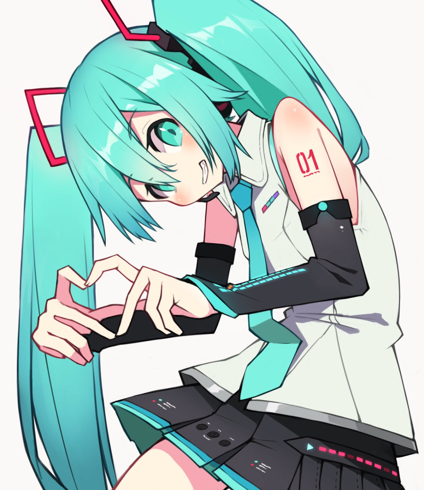 1girl bangs bare_shoulders black_skirt blue_eyes blue_hair blue_neckwear blush clenched_teeth cowboy_shot detached_sleeves fingers_together flat_chest grin hair_between_eyes hatsune_miku hatsune_miku_(vocaloid4) head_tilt heart heart_hands highres hirokawa_desu leaning leaning_forward long_hair looking_at_viewer necktie no_nose number_tattoo shirt shoulder_tattoo simple_background skirt sleeveless sleeveless_shirt smile solo tattoo teeth thighs twintails very_long_hair vocaloid white_background white_shirt