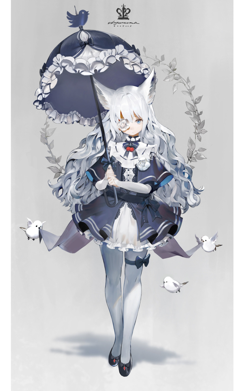 1girl absurdres animal animal_ears bird black_bow blue_eyes bow closed_mouth flower flying frilled_umbrella frills hairband highres holding holding_umbrella long_hair original rose shycocoa standing thighhighs umbrella white_bird white_flower white_hairband white_legwear white_rose