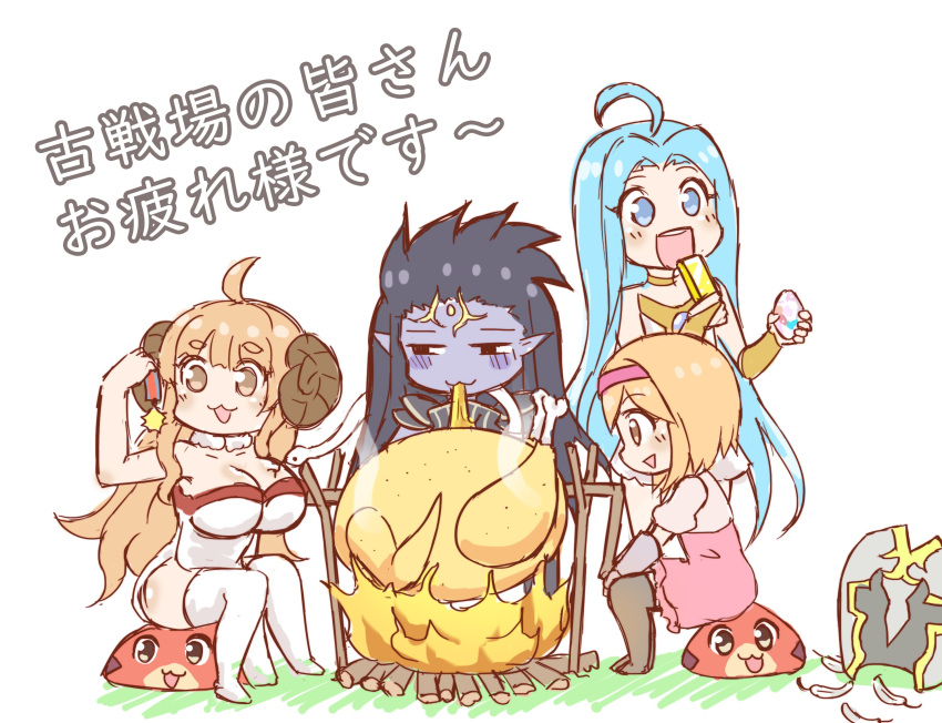 1boy 3girls :3 ahoge anila_(granblue_fantasy) bare_shoulders bird black_hair blonde_hair blue_eyes blue_hair blue_skin blush_stickers breasts brown_eyes chicken cleavage commentary cooking crystal djeeta_(granblue_fantasy) draph dress eating fire gold_bar granblue_fantasy greenteaneko hairband helmet highres hikimayu horns large_breasts long_hair lyria_(granblue_fantasy) medal multiple_girls pink_dress pointy_ears shiva_(granblue_fantasy) short_hair sitting skrmtl smile smoke spitroast vee_(granblue_fantasy) white_legwear