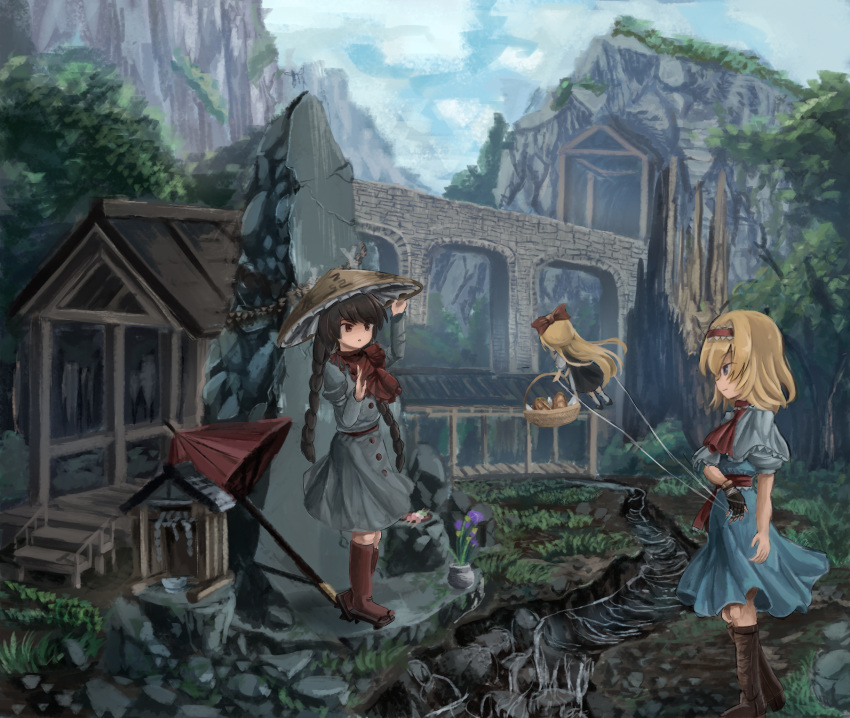 2girls ajirogasa alice_margatroid arm_up basket black_gloves black_hair blonde_hair blue_dress blue_eyes blue_sky boots bow braid bread bridge brown_eyes brown_legwear capelet cloud commentary_request cravat day dress expressionless fingerless_gloves flower food from_side geta gloves grass grey_dress hair_bow hairband hand_on_headwear hat head_tilt highres knee_boots kneehighs lolita_hairband long_hair long_sleeves looking_at_another multiple_girls oriental_umbrella outdoors profile puffy_short_sleeves puffy_sleeves puppet_strings red_neckwear red_shawl rock rope sash sensi_tobikage shanghai_doll shawl shide shimenawa short_sleeves shrine single_glove sky stairs standing straw_hat stream touhou tree twin_braids umbrella vase very_long_hair walkway yatadera_narumi