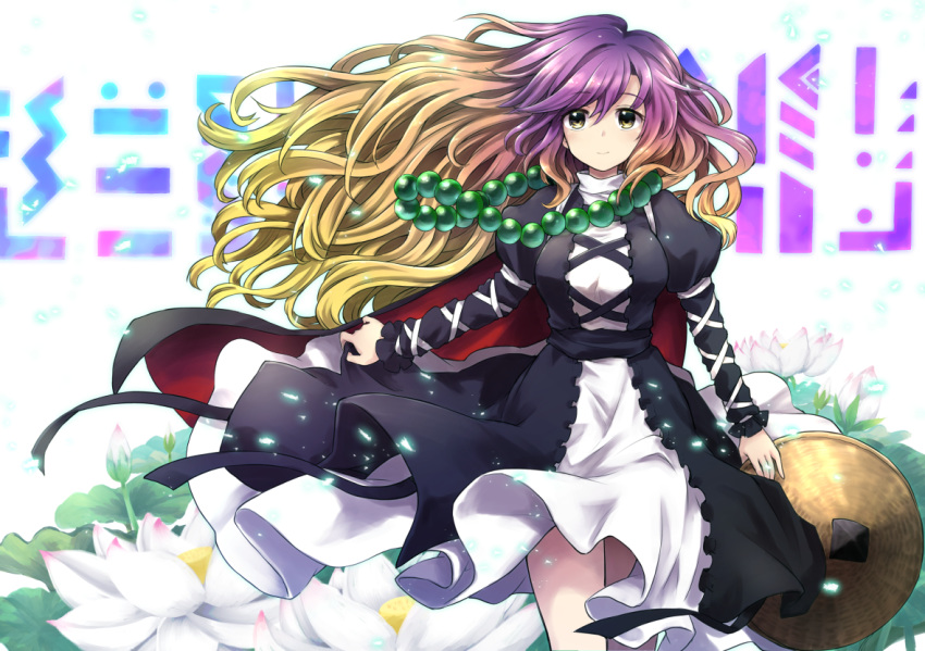 1girl ajirogasa beads blonde_hair cape cloak dress flower gradient_hair hat hijiri_byakuren jewelry juliet_sleeves layered_dress light_brown_hair long_hair long_sleeves lotus mizumoto_tadashi multicolored_hair necklace prayer_beads puffy_sleeves purple_hair solo touhou turtleneck_dress wavy_hair white_dress wind yellow_eyes