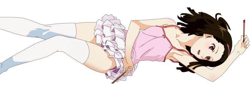 1girl blush brown_hair derivative_work hair_ornament highres legs monogatari_(series) nisemonogatari open_mouth sengoku_nadeko short_hair skirt white_legwear xxx_vipper-ktkr_xxx