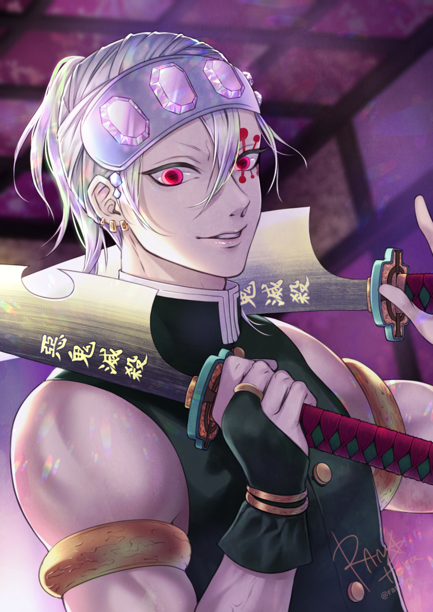 1boy armband artist_name bridal_gauntlets dual_wielding earrings facial_mark headband highres holding jewelry kimetsu_no_yaiba lips looking_at_viewer male_focus mikaeri pink_eyes ponytail signature silver_hair solo sword teeth upper_body uzui_tengen weapon