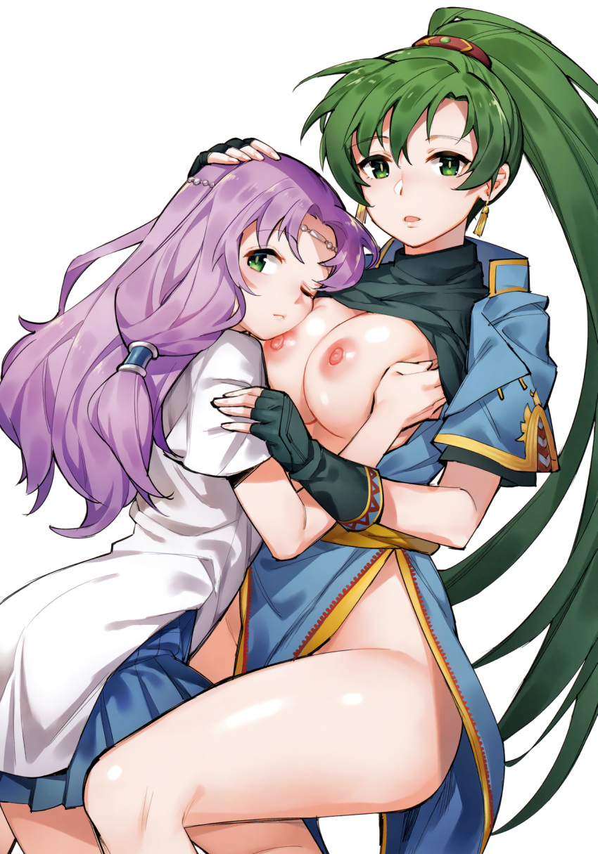 2girls :&lt; black_gloves blue_dress breasts bright_pupils circlet dress earrings fingerless_gloves fire_emblem fire_emblem:_the_blazing_blade florina_(fire_emblem) gebyy-terar gloves green_eyes green_hair hand_on_another's_head highres jewelry large_breasts long_hair looking_at_viewer lyn_(fire_emblem) multiple_girls nipples no_panties one_eye_closed parted_lips pelvic_curtain pleated_skirt ponytail purple_hair scan shirt_lift simple_background skirt yuri