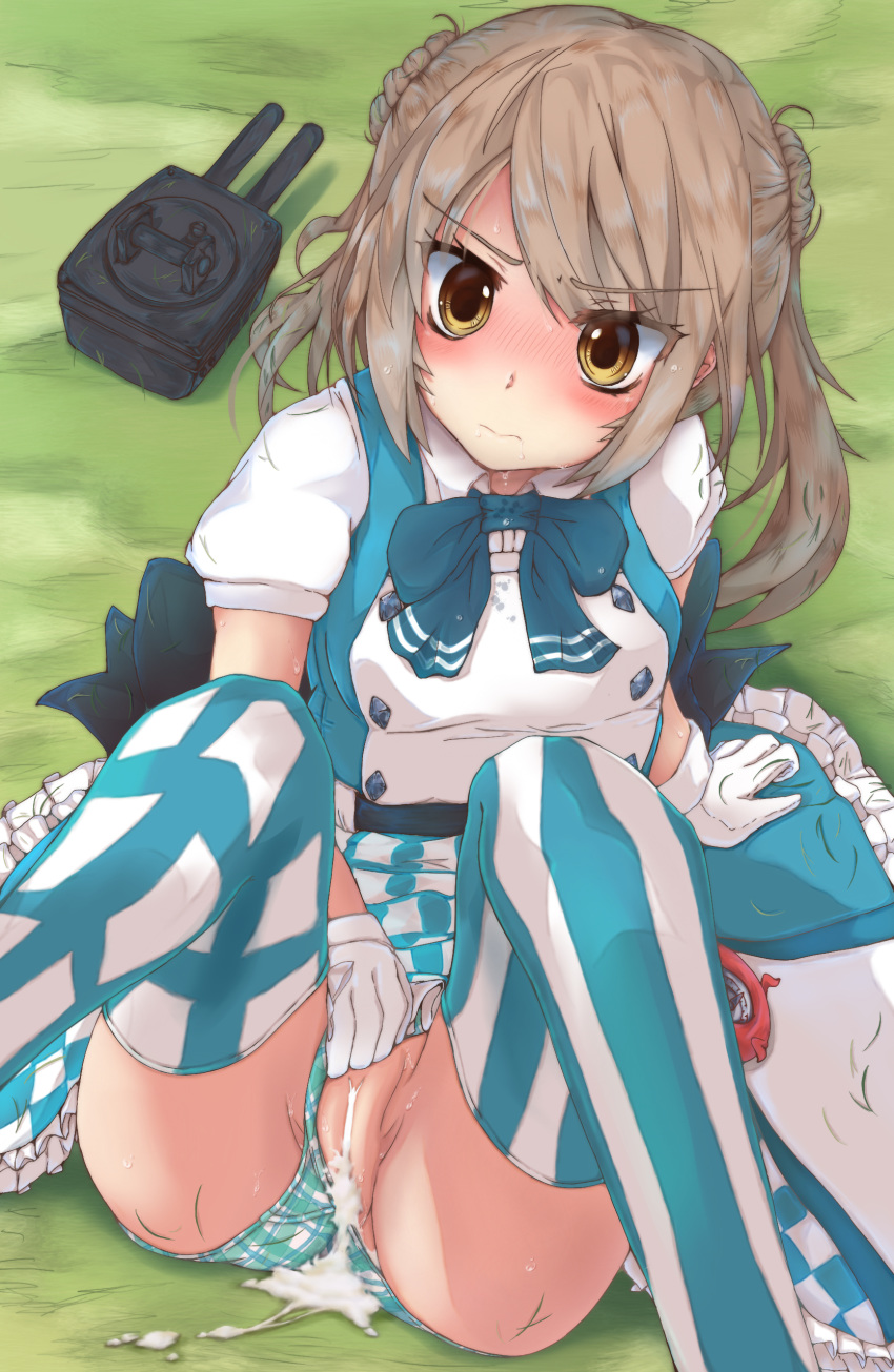 1girl absurdres alternate_costume artist_request blue_bow blush bow bowtie brown_hair commentary_request compass cum cum_in_pussy cumdrip double_bun enemy_lifebuoy_(kantai_collection) frilled_skirt frills gloves grass hair_bun highres kantai_collection michishio_(kantai_collection) mismatched_legwear panties panties_aside plaid plaid_panties puffy_short_sleeves puffy_sleeves short_sleeves short_twintails skirt solo thighhighs turret twintails underwear white_gloves yellow_eyes