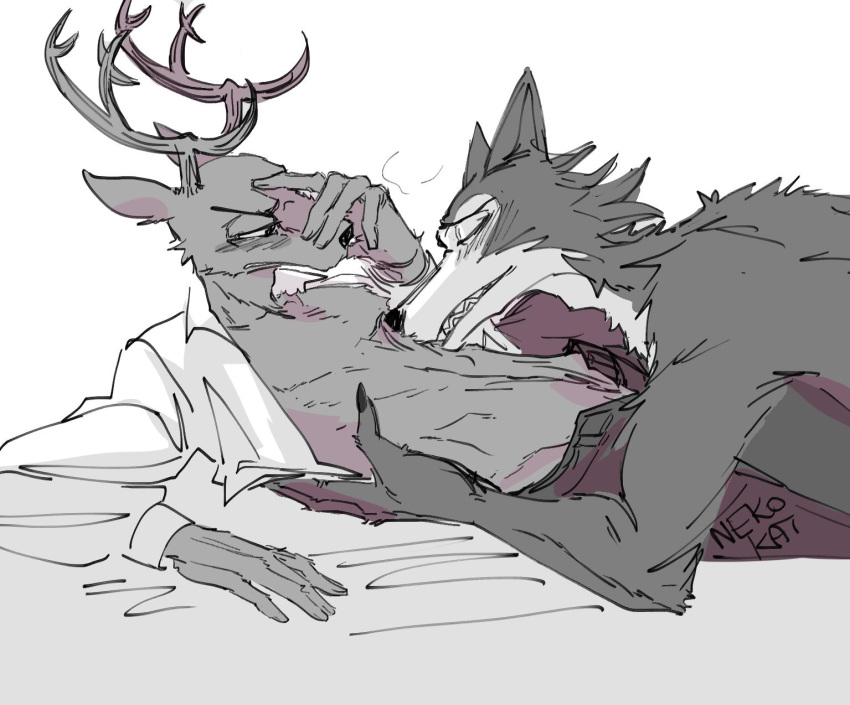 beastars blush canid canine canis cervid cervine clothed clothing embarrassed hi_res legosi_(beastars) louis_(beastars) male male/male mammal nekokat42 open_shirt red_deer romantic_couple sketch sniffing topless wolf