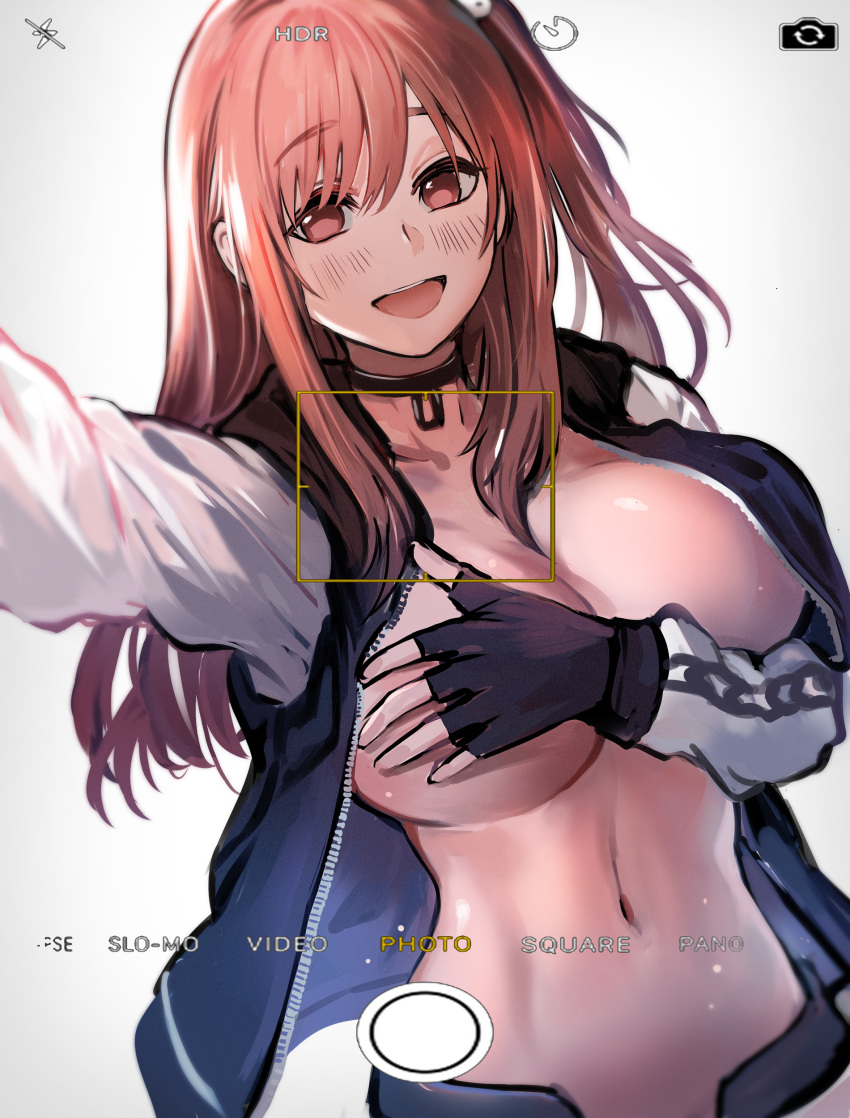 1girl ;d absurdres arm_up bangs black_gloves black_jacket blush breasts camera_lens cleavage commission covering covering_breasts dead_or_alive eyebrows_visible_through_hair fingerless_gloves gloves gradient_hair grey_background highres honoka_(doa) jacket large_breasts long_hair long_sleeves multicolored_hair navel no_bra one_eye_closed one_side_up open_clothes open_jacket open_mouth outstretched_arm red_eyes red_hair self_shot sidelocks smile snowru solo stomach unzipped upper_body white_sleeves