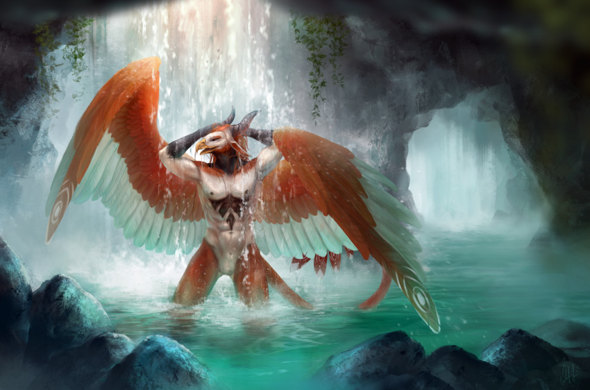 2019 abs animal_genitalia anthro asian_mythology avian balls cave digital_media_(artwork) dragon east_asian_mythology eastern_dragon european_mythology feathered_dragon feathered_wings feathers greek_mythology hi_res hybrid invalid_tag male muscular mythological_bird mythological_firebird mythology nude orange_feathers phoenix sheath solo waterfall white_feathers wings wolnir