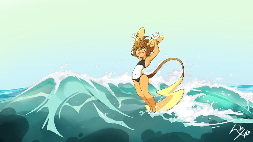 alolan_raichu anthro clothed clothing female flat_chested hair halo-halo_(hamsteroftime) hamsteroftime hi_res mammal nintendo open_mouth outside pok&eacute;mon pok&eacute;mon_(species) raichu regional_variant sea sky smile solo surfing video_games water wave