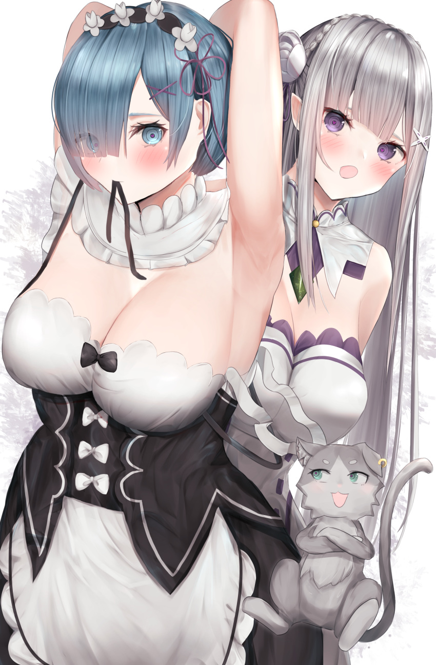 2girls absurdres apron armpits black_bow blue_eyes blue_hair bow braid breasts cat cleavage commentary_request crown_braid curvy ear_piercing emilia_(re:zero) eyes_visible_through_hair green_eyes hair_ornament hair_over_one_eye heart heart-shaped_pupils highres huge_filesize large_breasts long_hair looking_at_viewer maid maid_apron maid_headdress multiple_girls piercing pointy_ears puck_(re:zero) purple_eyes re:zero_kara_hajimeru_isekai_seikatsu rem_(re:zero) ribbon-trimmed_clothes ribbon_trim short_hair silver_hair symbol-shaped_pupils tail user_yexh7882 white_bow x_hair_ornament