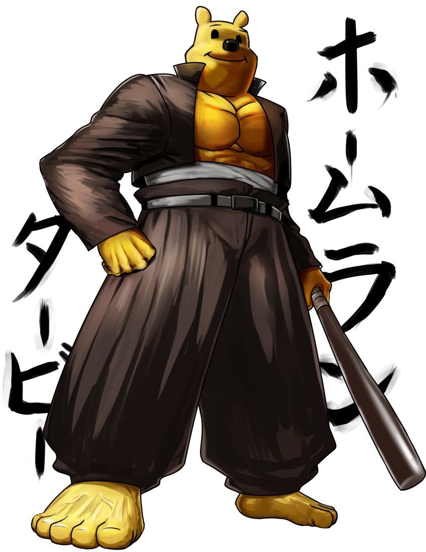 baseball_bat black_eyes clenched_hand clothing_request cosplay hand_on_hip highres holding_baseball_bat kinzoku_bat kinzoku_bat_(cosplay) long_sleeves muscle one-punch_man pooh smile solo standing taka_(takahirokun) white_background winnie_the_pooh winnie_the_pooh's_home_run_derby yellow_skin