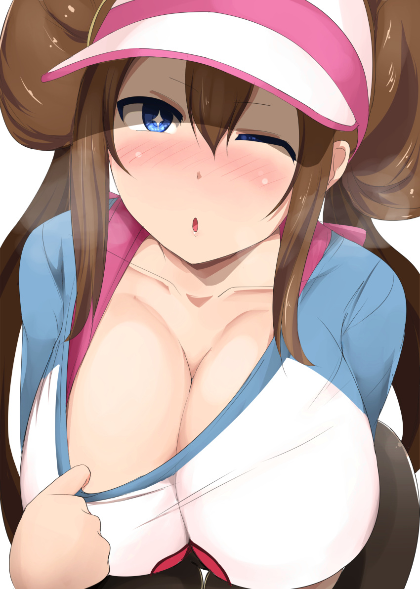 1girl ;o bent_over black_legwear blue_eyes blush bra_strap breasts brown_hair cleavage collarbone double_bun hair_bun highres large_breasts looking_at_viewer low_twintails mei_(pokemon) one_eye_closed open_mouth pantyhose pokemon shirt_pull solo star star-shaped_pupils symbol-shaped_pupils twintails visor_cap yukimaro_yukkii