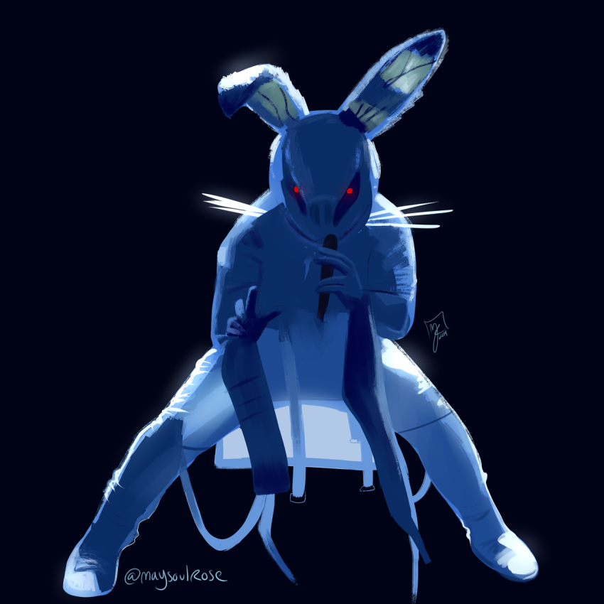1:1 2019 5_fingers ambiguous_gender android anthro belt biped black_background blue_theme boots cape clothed clothing cool_colors digital_media_(artwork) digital_painting_(artwork) fingers footwear front_view full-length_portrait fur glowing glowing_eyes hi_res holding_microphone holding_object lagomorph leporid light lighting long_sleeves looking_at_viewer machine mammal masked_singer maysoulrose menacing microphone portrait pose rabbit rabbit_(masked_singer) red_eyes restricted_palette robot shadow signature simple_background solo spread_legs spreading stare whiskers wide_stance wiring