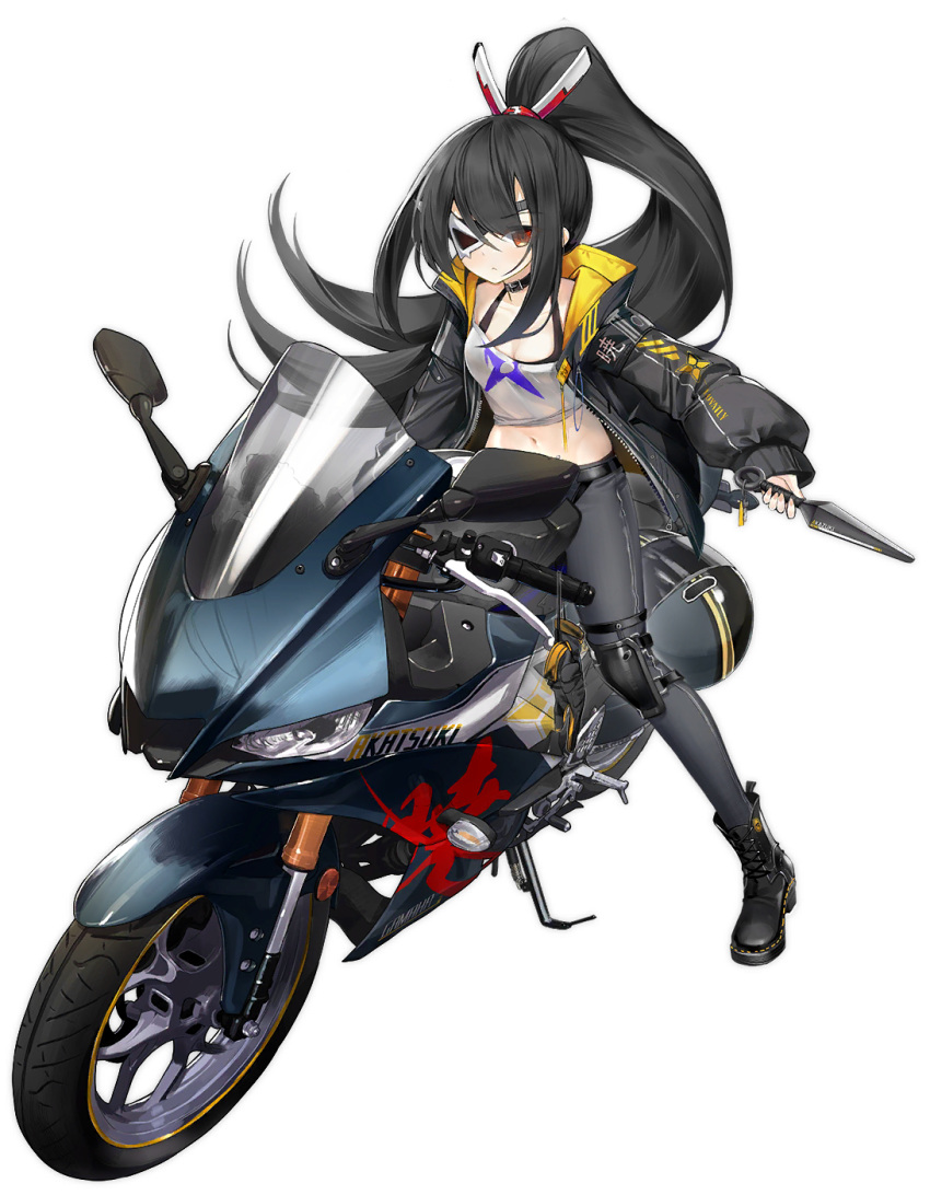 1girl akatsuki_(azur_lane) akatsuki_(motoninja_akatsuki)_(azur_lane) alternate_costume azur_lane black_gloves black_hair black_jacket black_pants boots breasts choker cleavage closed_mouth crop_top eyepatch floating_hair gloves gloves_removed ground_vehicle hair_ornament highres holding holding_weapon jacket kunai long_hair long_sleeves looking_at_viewer medium_breasts midriff motor_vehicle motorcycle navel official_art ootsuki_momiji open_clothes open_jacket pants ponytail puffy_sleeves red_eyes riding shirt sidelocks solo stomach tachi-e transparent_background very_long_hair weapon white_shirt