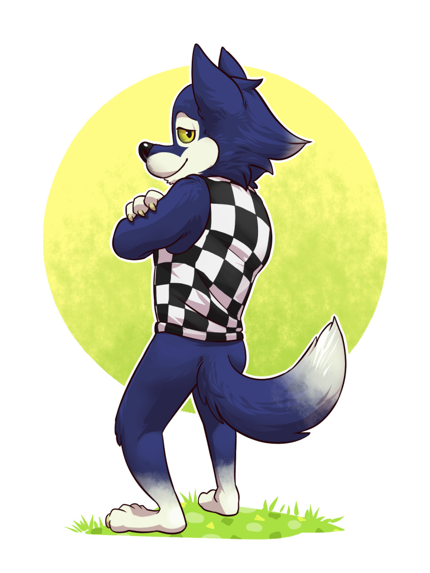 animal_crossing anthro bottomless canid canine canis clothed clothing crossed_arms eclipsewolf hi_res lobo_(animal_crossing) looking_back male mammal nintendo smile solo video_games wolf